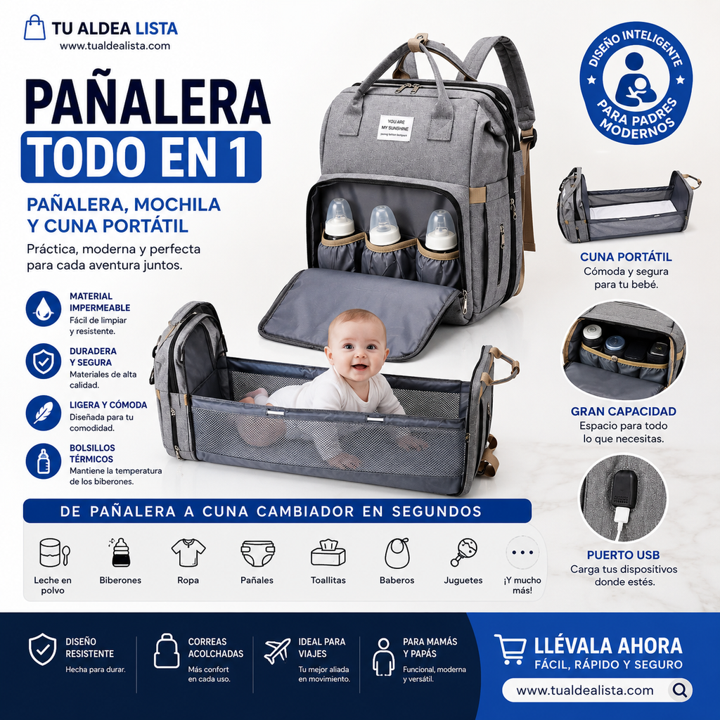 Mochila Pañalera con cambiador plegable multiuso